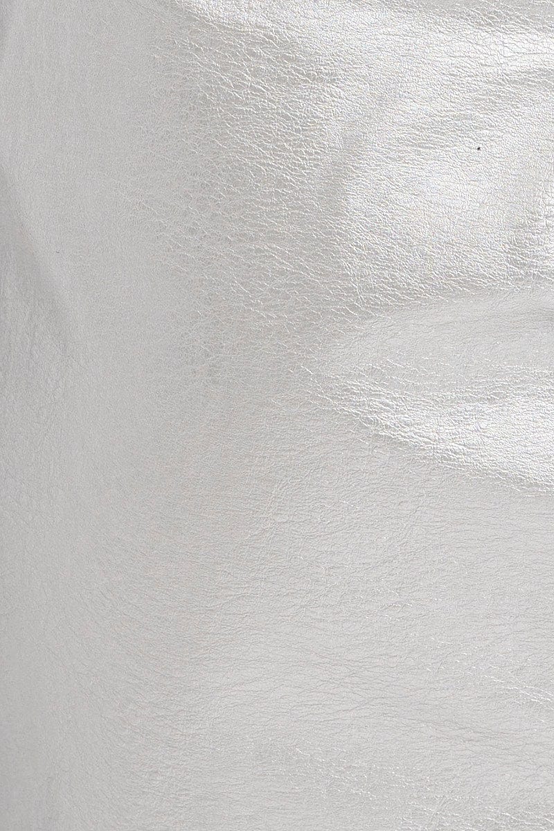 Metallic Mini Skirt Mid Rise PU Faux Leather Silver - Image 6
