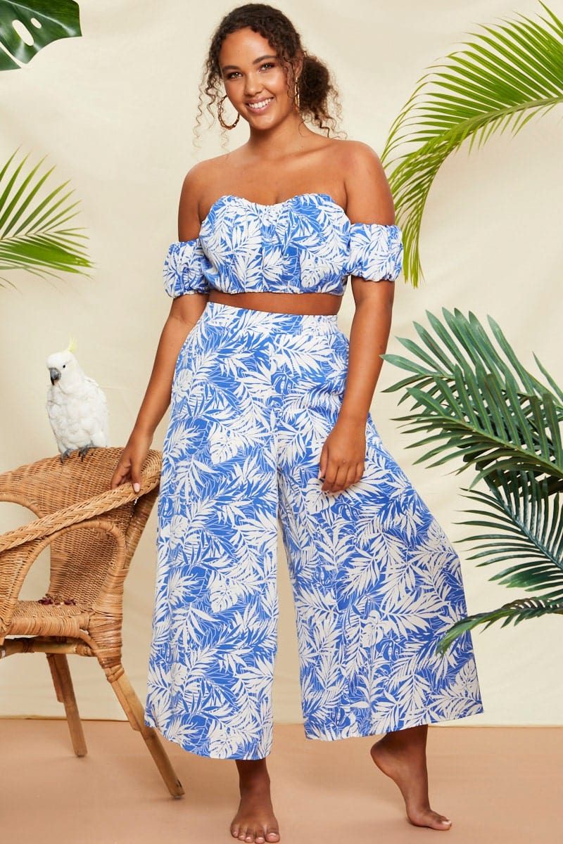 Mono Print Ruched Palm Tree Print Bardot Crop Top - Image 2
