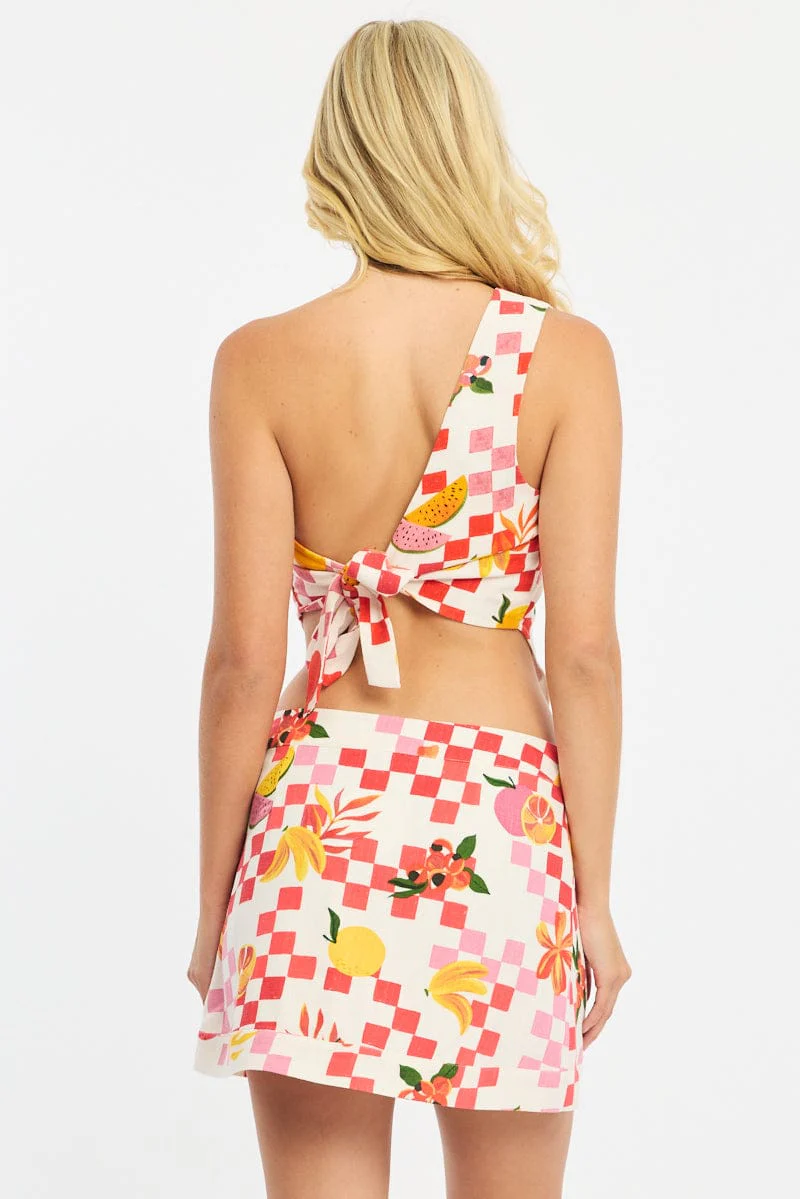 Multi Abstract Asymmetric Mini Skirt High Waisted Wrap Style - Image 6