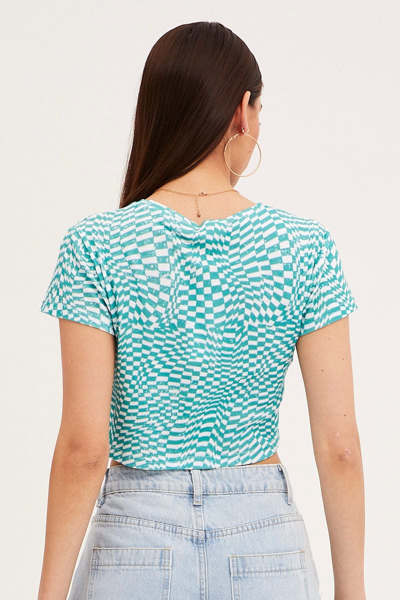 Multi Abstract Baby Tee Cropped Drawstring Crew Neck - Image 5