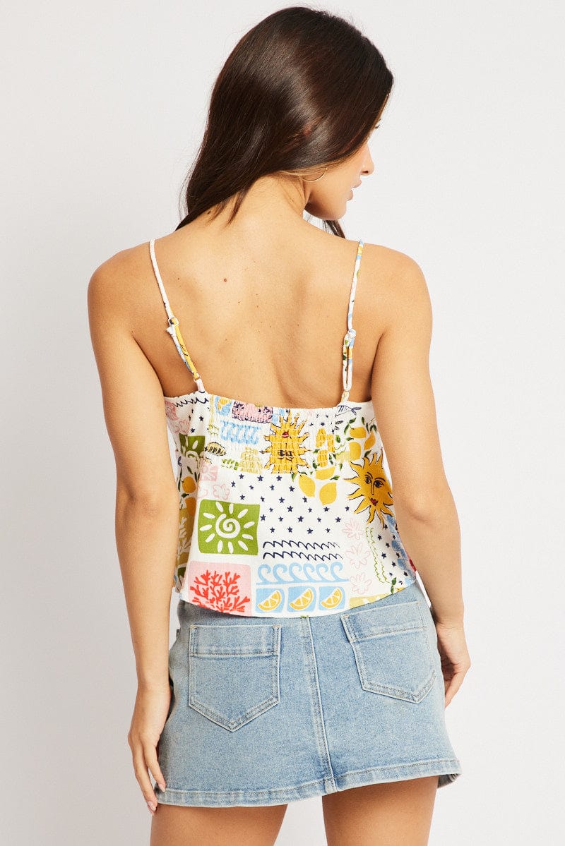 Multi Abstract Cami Top Sleeveless Tie Front - Image 5