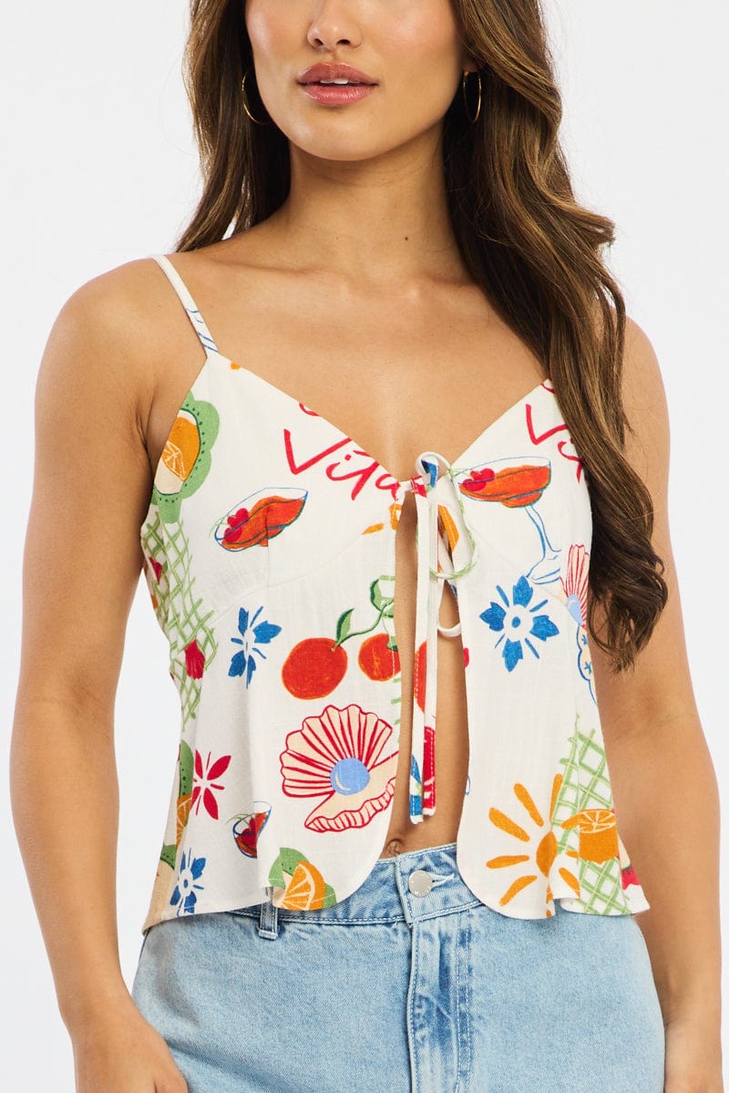 Multi Abstract Cami Top Sleeveless Tie Front - Image 5