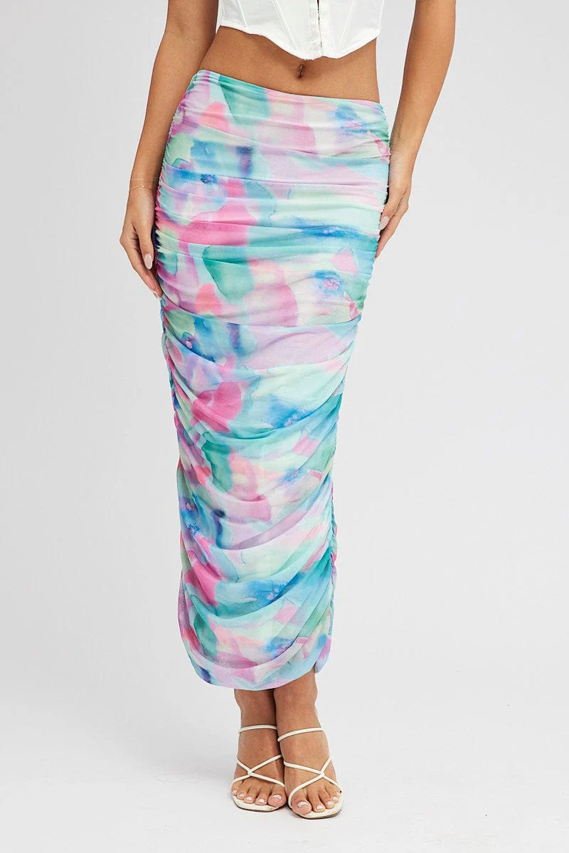 Multi Abstract Midi Skirt Side Ruched Mesh - Image 2