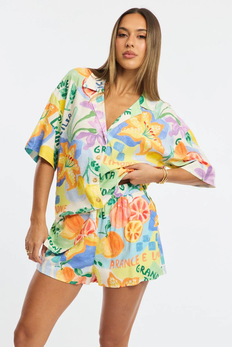 Multi Abstract Relaxed Shirt Short Sleeve Collared Linen Blend