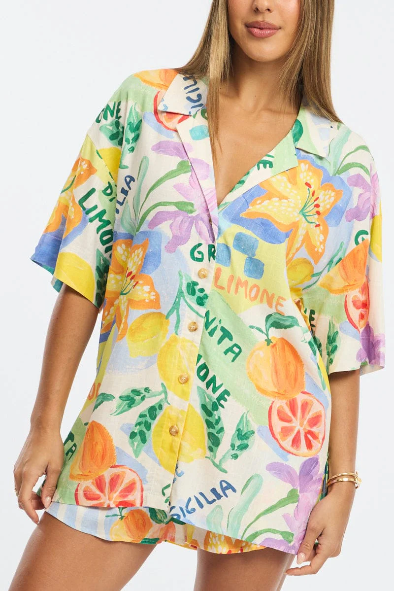 Multi Abstract Relaxed Shirt Short Sleeve Collared Linen Blend - Image 5