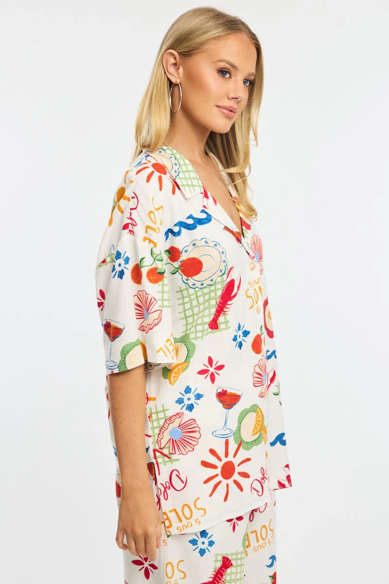 Multi Abstract Relaxed Shirt Short Sleeve Collared Linen Blend - Image 3