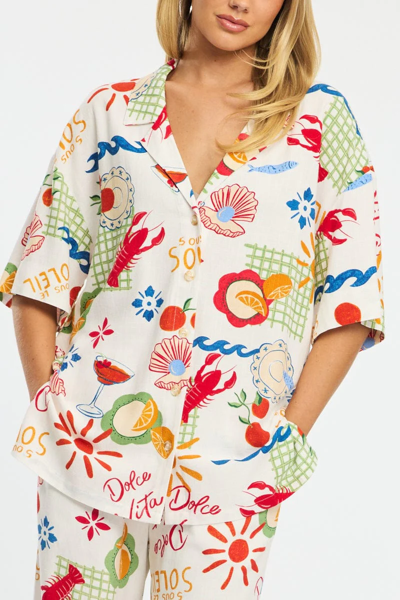 Multi Abstract Relaxed Shirt Short Sleeve Collared Linen Blend - Image 5