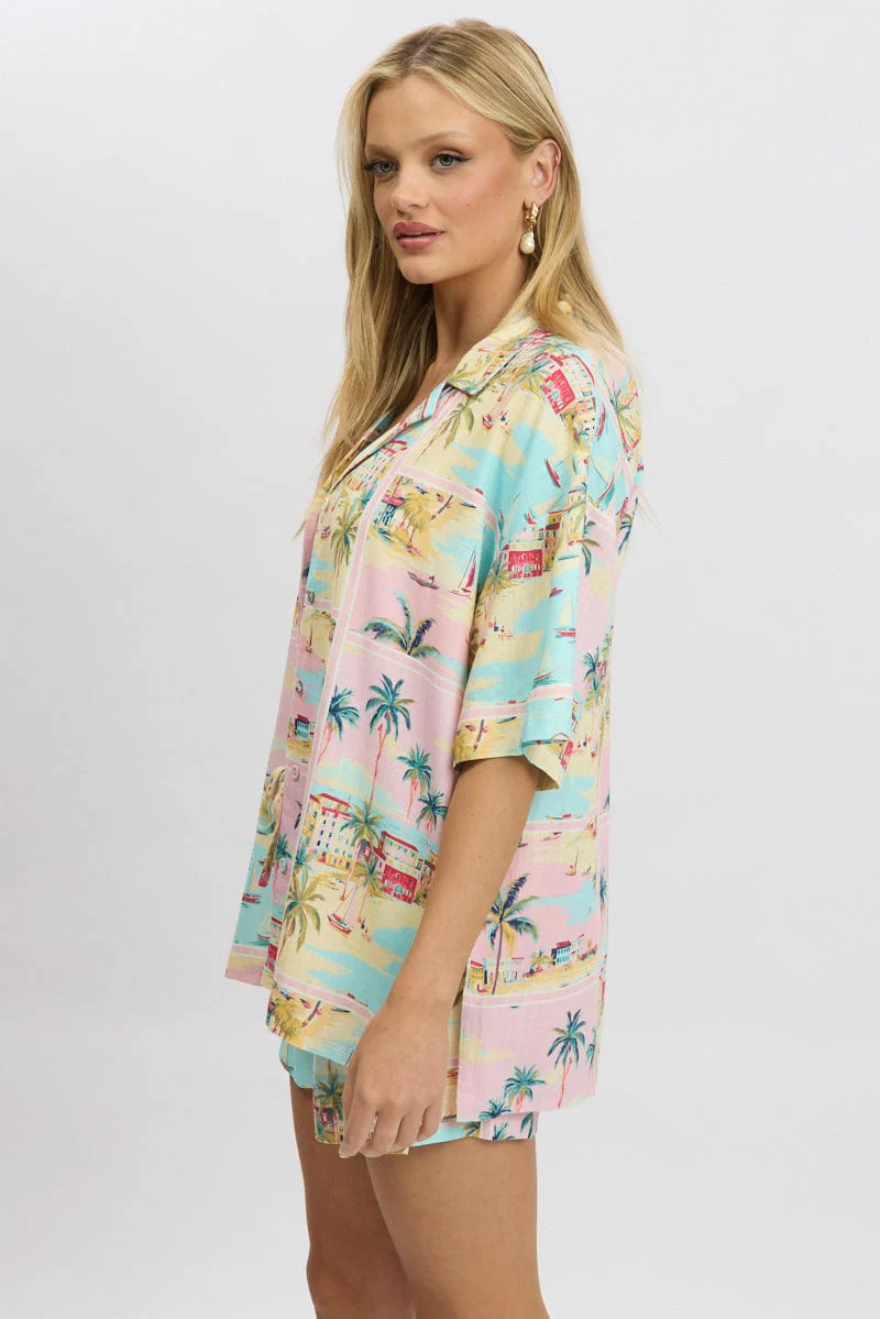 Multi Abstract Relaxed Shirt Short Sleeve Linen Blend - Image 4