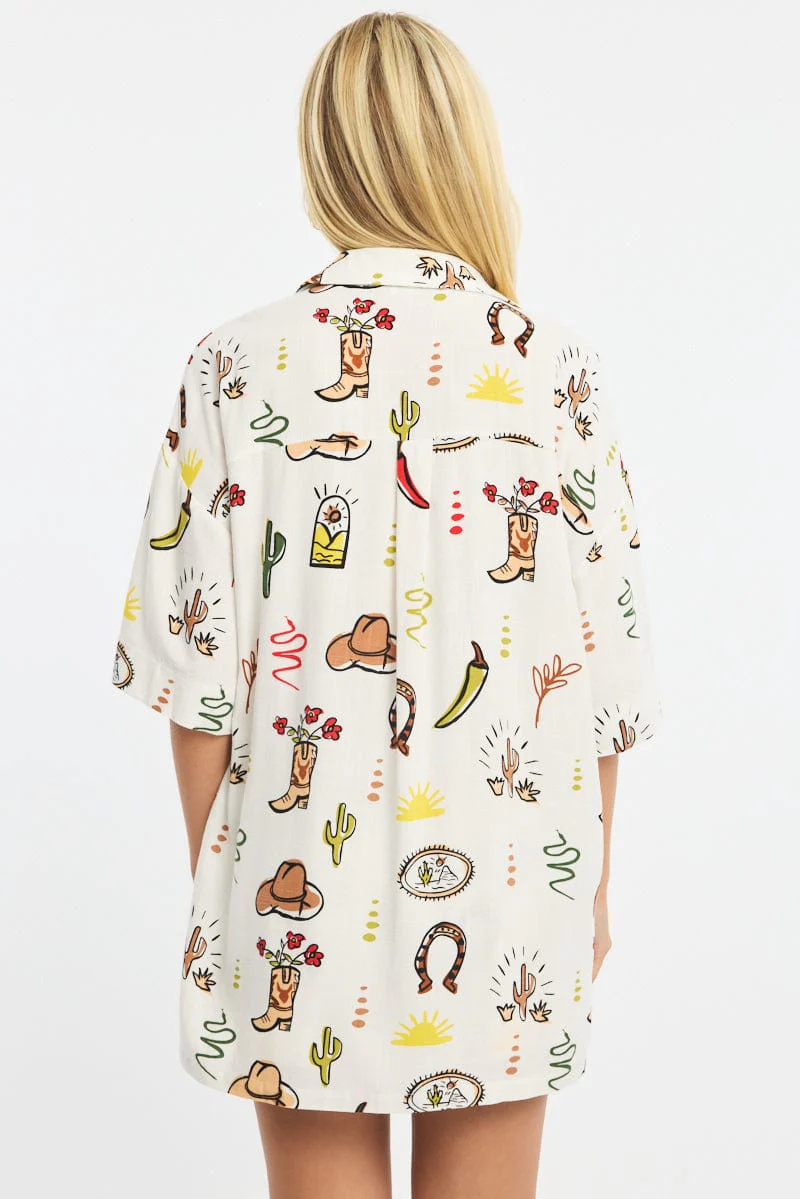 Multi Abstract Relaxed Shirt Short Sleeve Linen Blend - Image 4