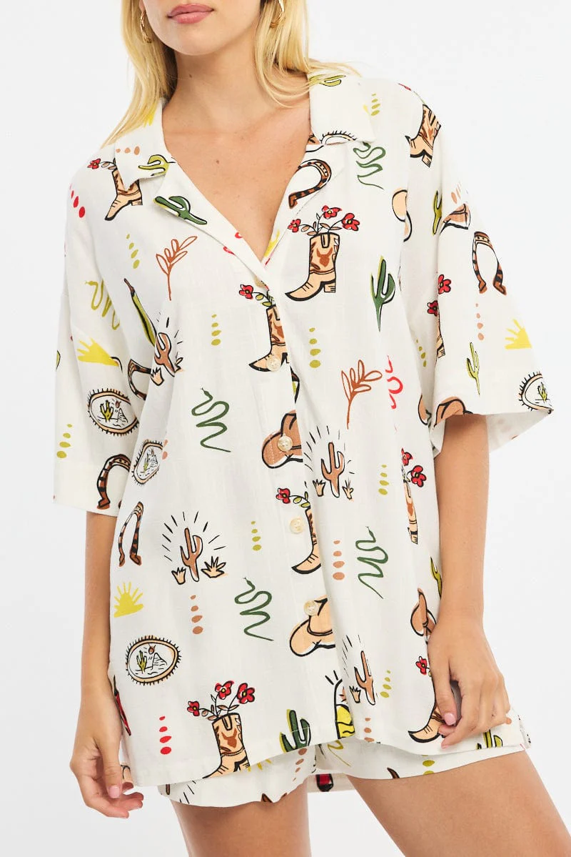 Multi Abstract Relaxed Shirt Short Sleeve Linen Blend - Image 5