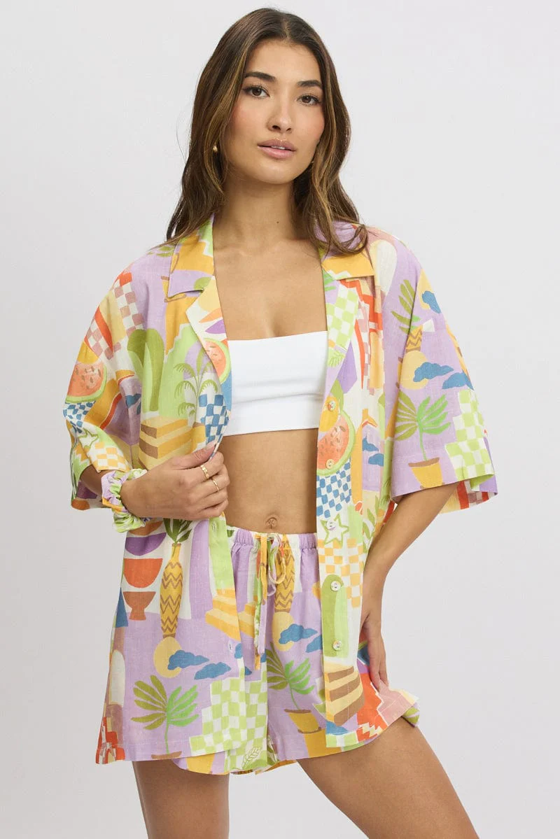 Multi Abstract Relaxed Shirt Short Sleeve Linen Blend - Image 3