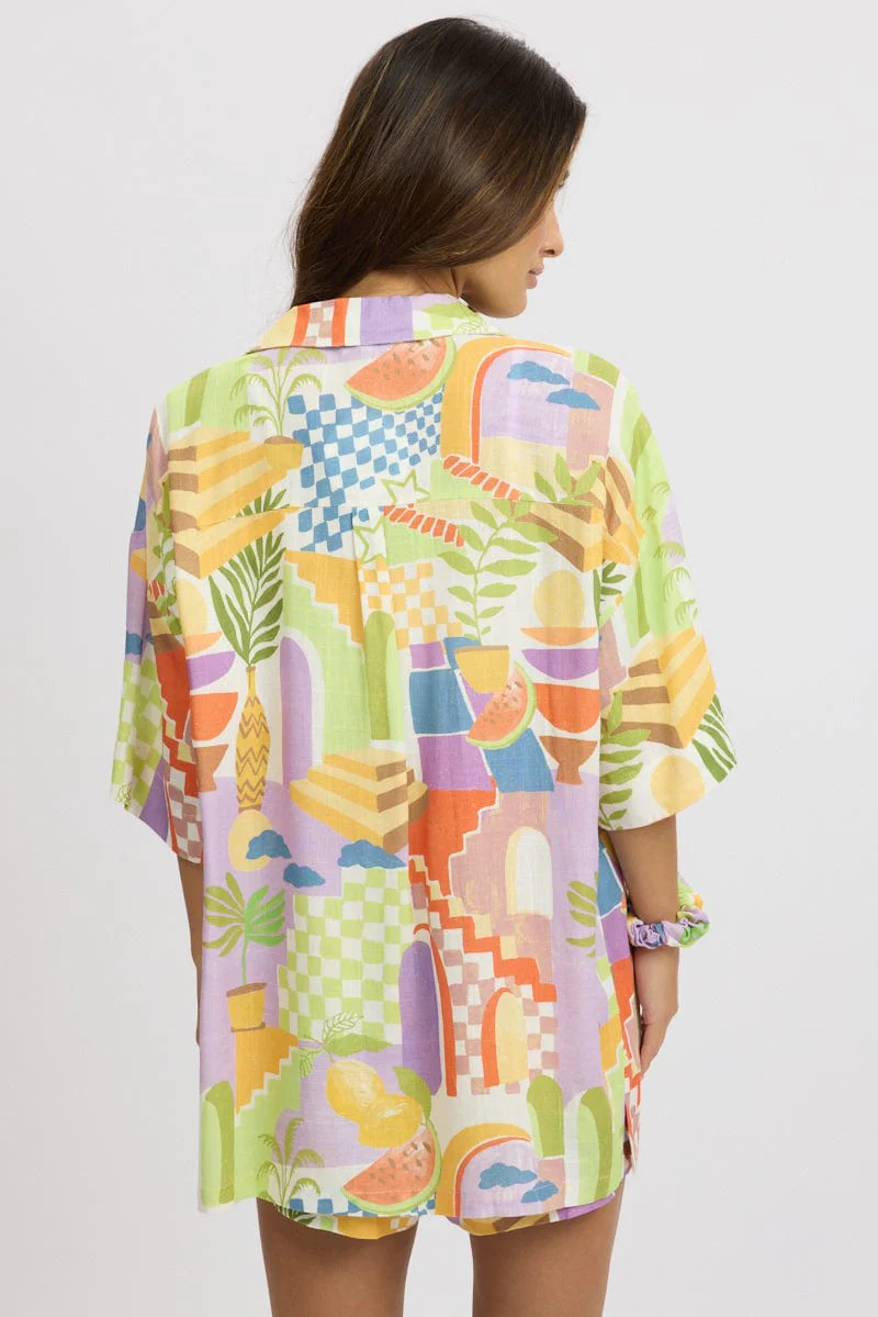 Multi Abstract Relaxed Shirt Short Sleeve Linen Blend - Image 5