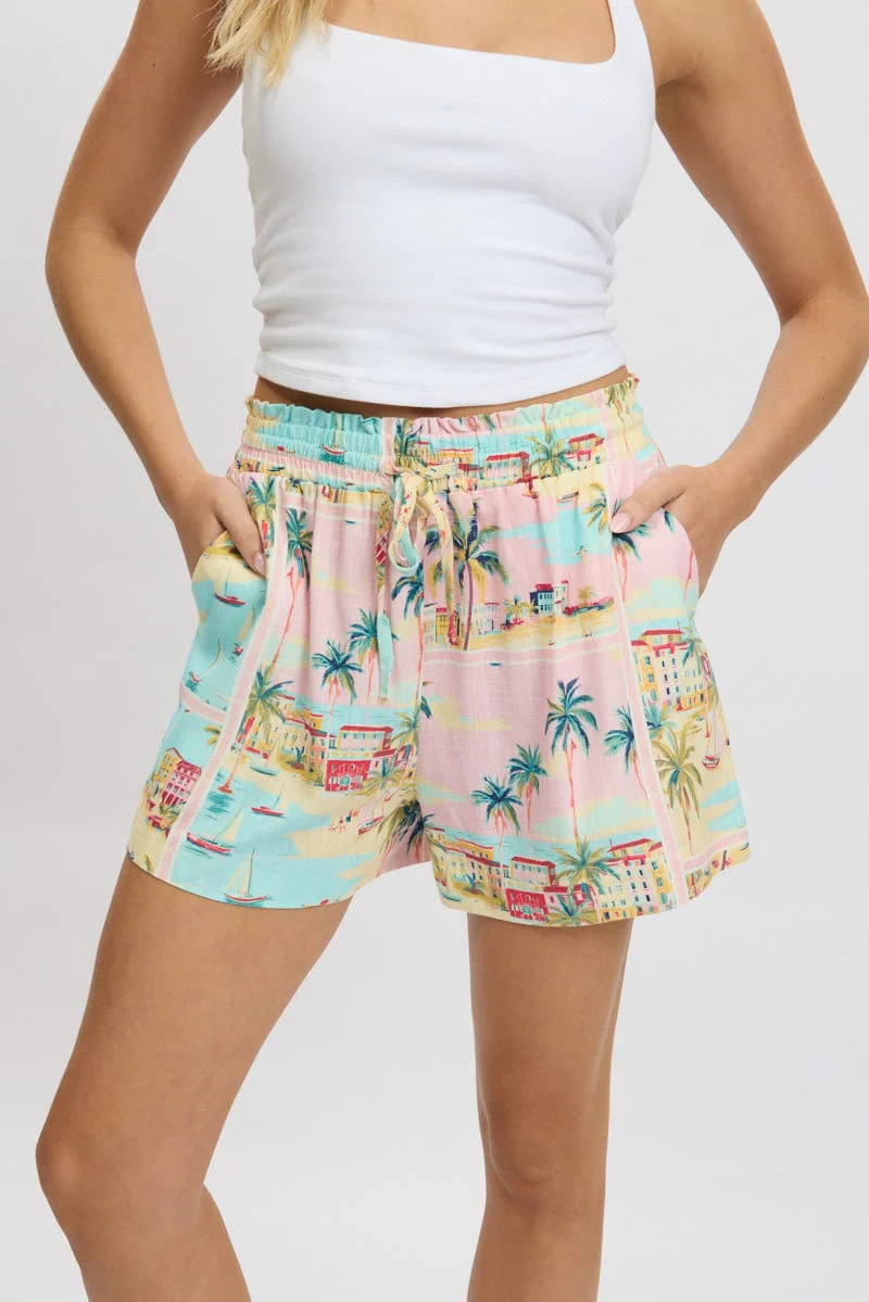Multi Abstract Relaxed Shorts High Rise