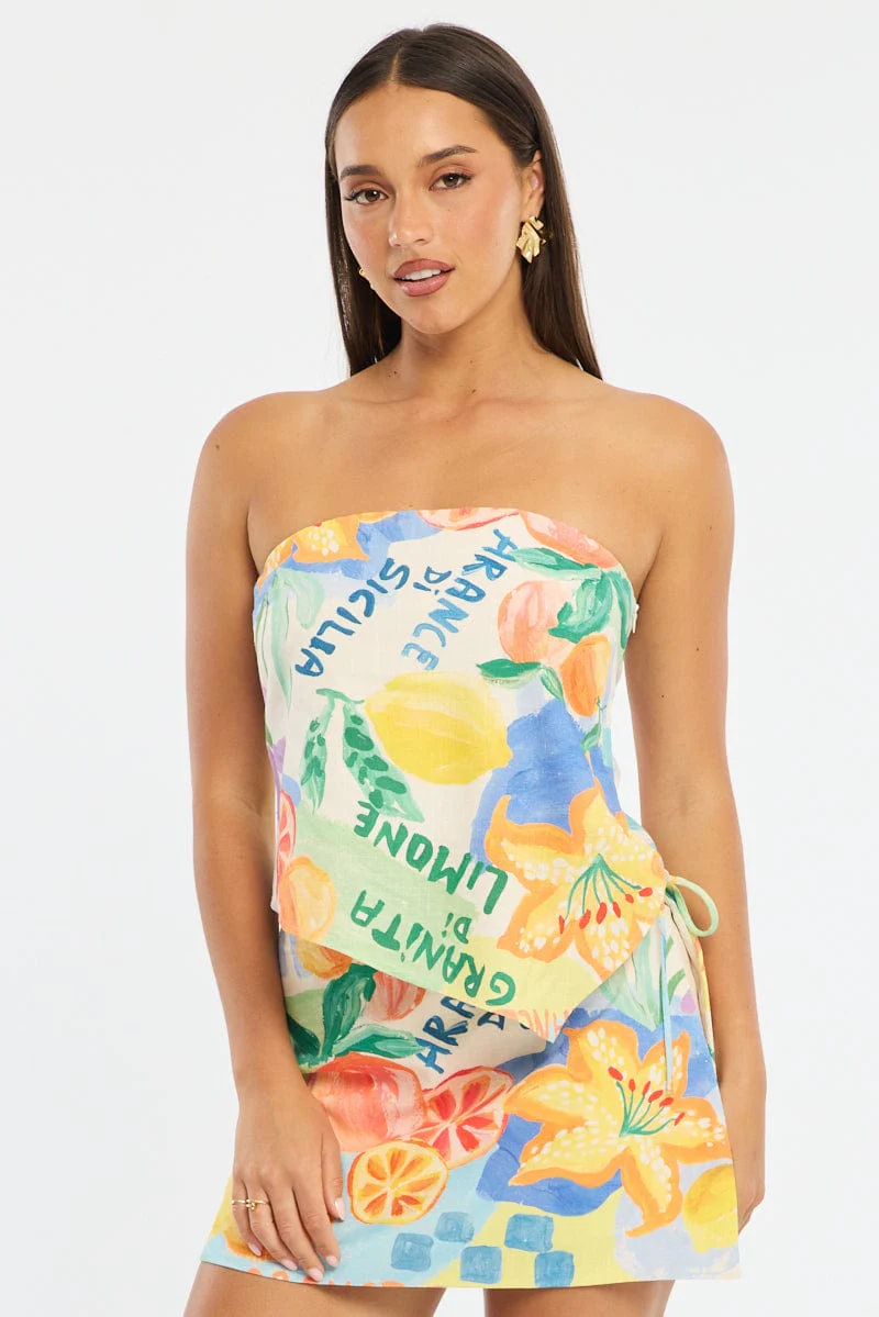 Multi Abstract Scarf Bandeau Top Sleeveless Strapless Linen Blend - Image 2