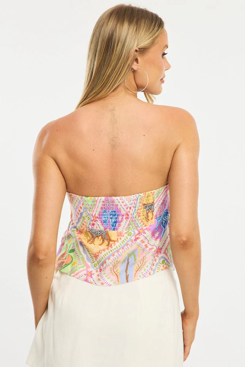 Multi Abstract Scarf Bandeau Top Sleeveless Strapless Linen Blend - Image 4