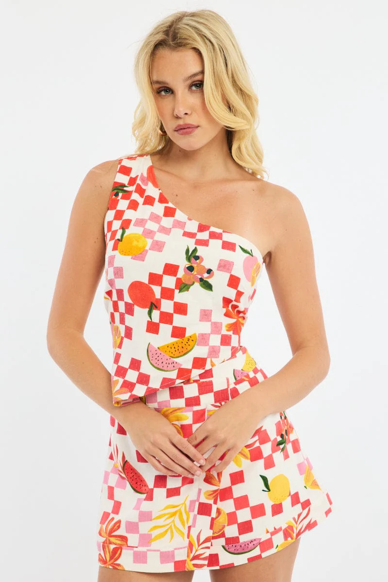 Multi Abstract Scarf Top One Shoulder Tie Back - Image 2