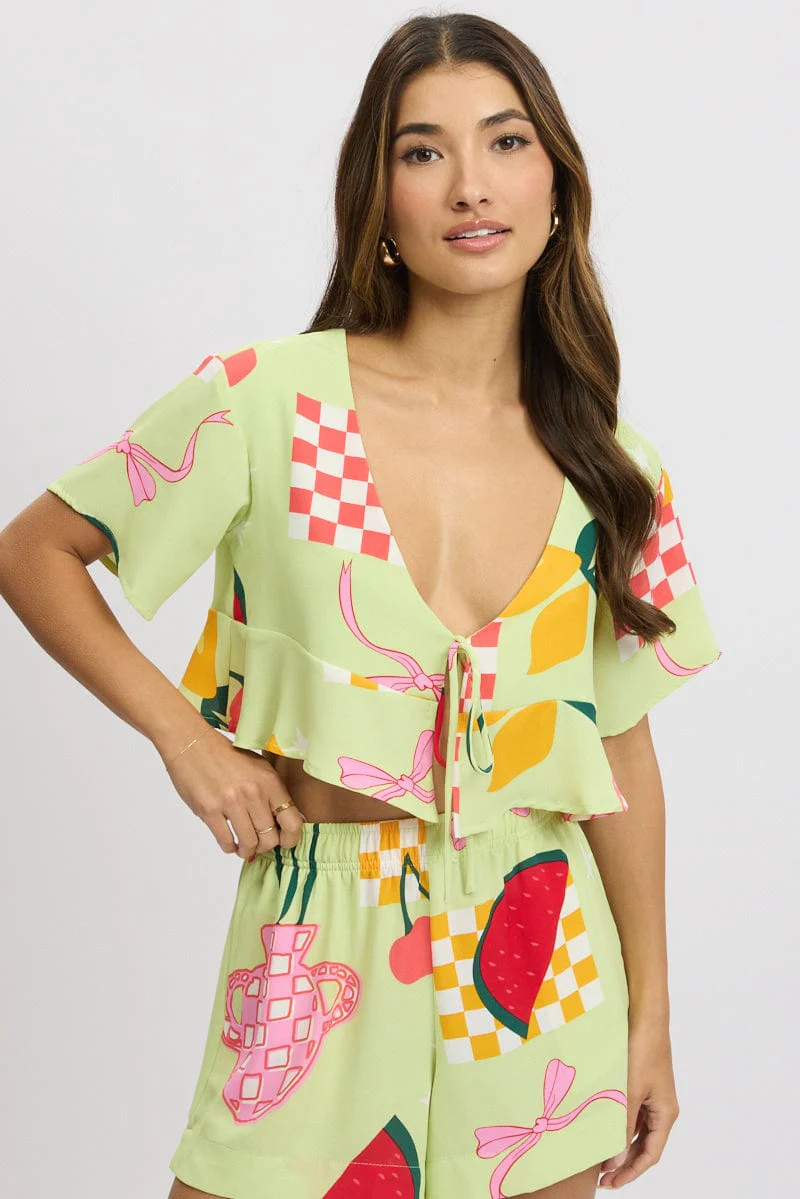Multi Abstract Tie Up Top Short Sleeve Crop - Image 3