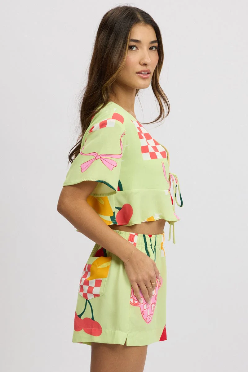 Multi Abstract Tie Up Top Short Sleeve Crop - Image 4