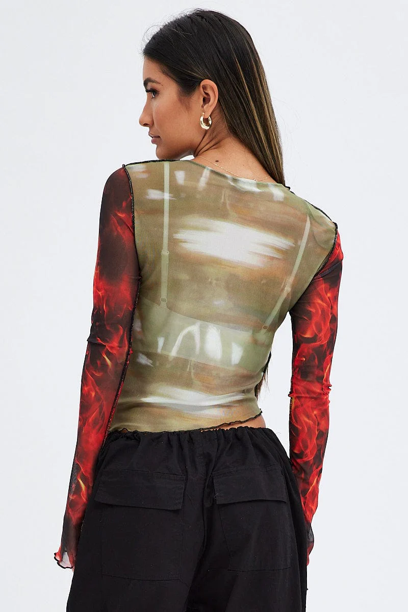 Multi Abstract Top Crew Neck Mesh Contrast Print Long Sleeves - Image 5