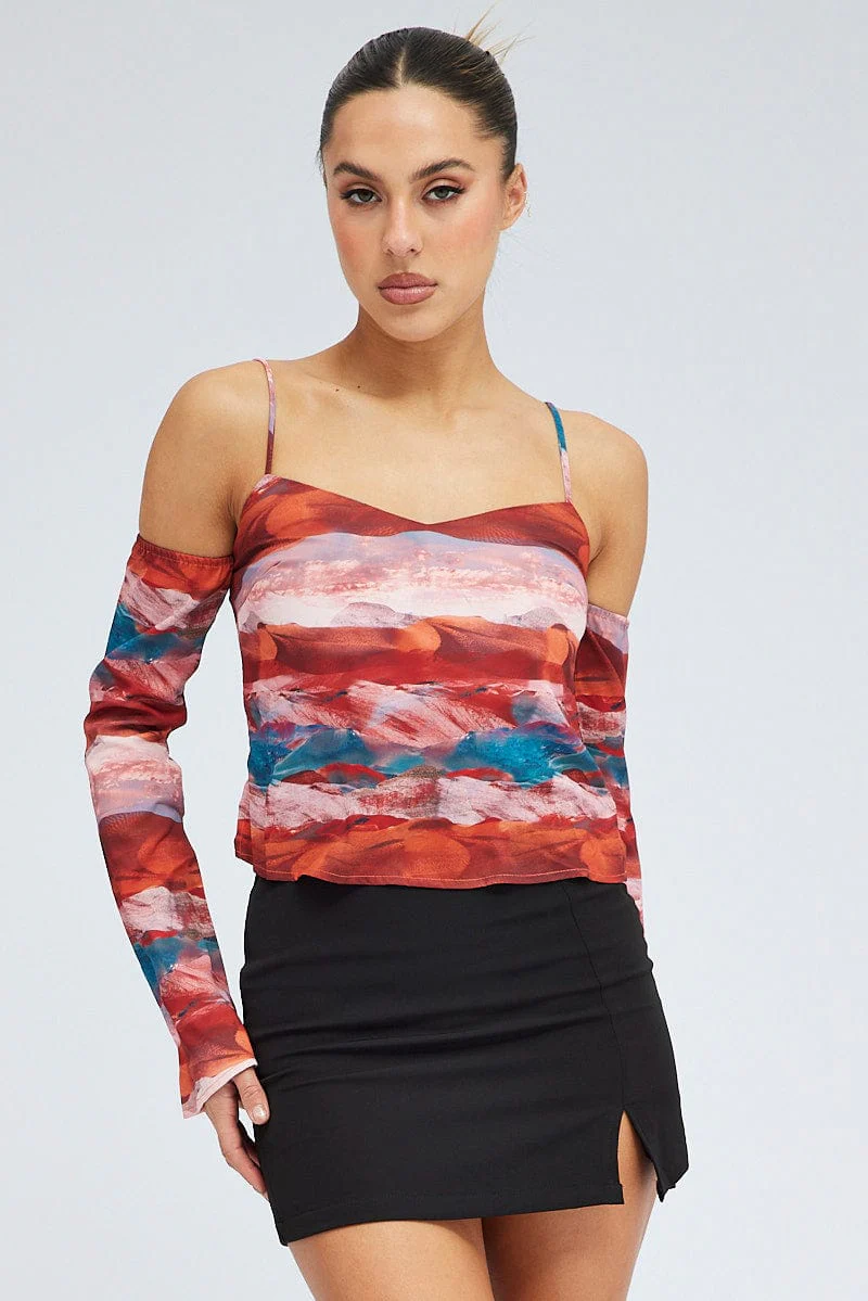 Multi Abstract Top Long Sleeve Cold Shoulder Cami Lined - Image 3