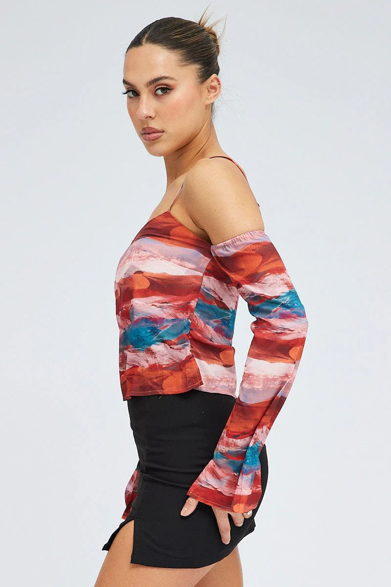 Multi Abstract Top Long Sleeve Cold Shoulder Cami Lined - Image 4