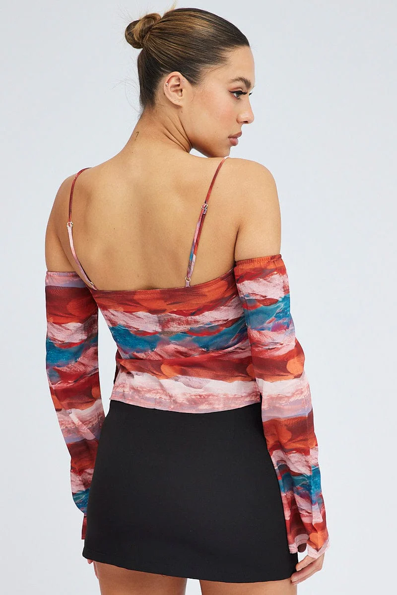 Multi Abstract Top Long Sleeve Cold Shoulder Cami Lined - Image 5