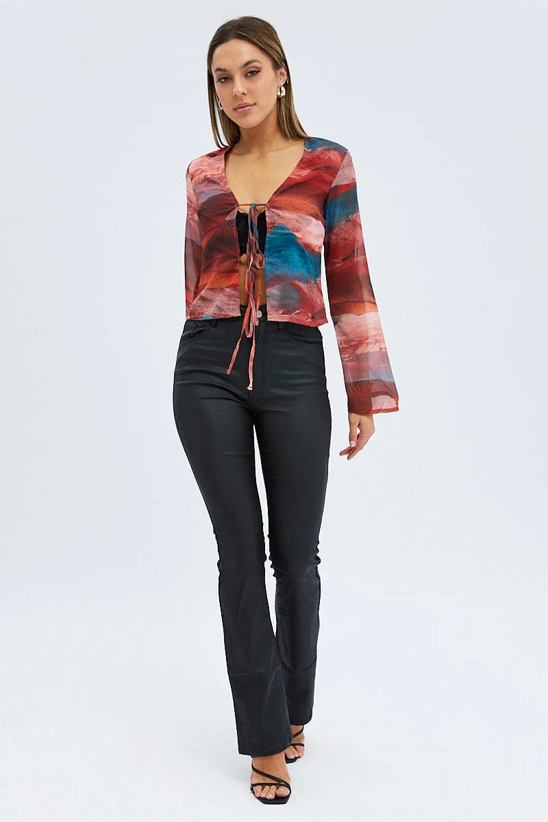 Multi Abstract Top Long Sleeve V-Neck Tie Front - Image 3