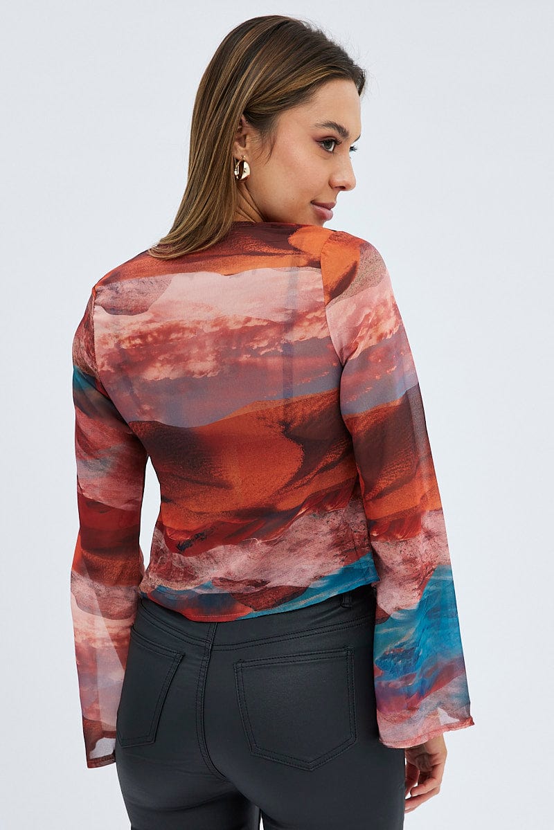 Multi Abstract Top Long Sleeve V-Neck Tie Front - Image 5