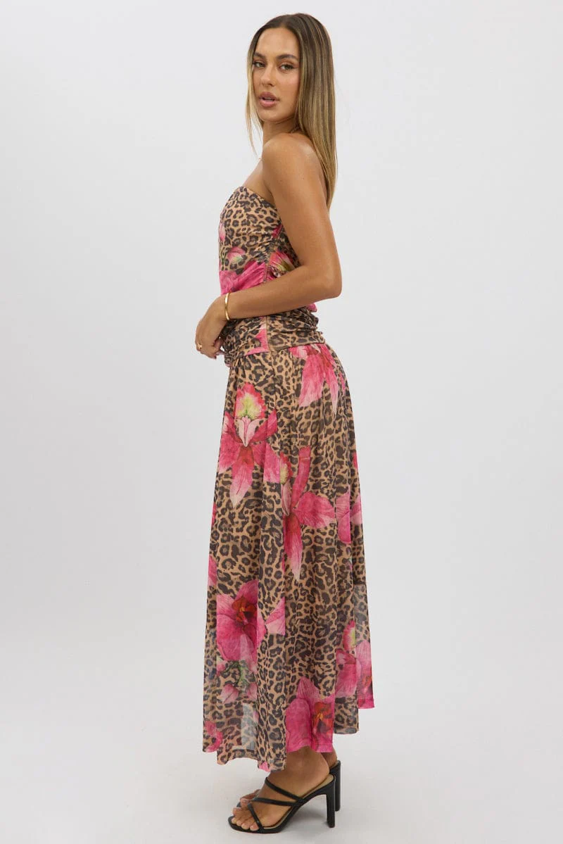 Multi Animal Print Maxi Dress Strapless Drop Waist Mesh - Image 4
