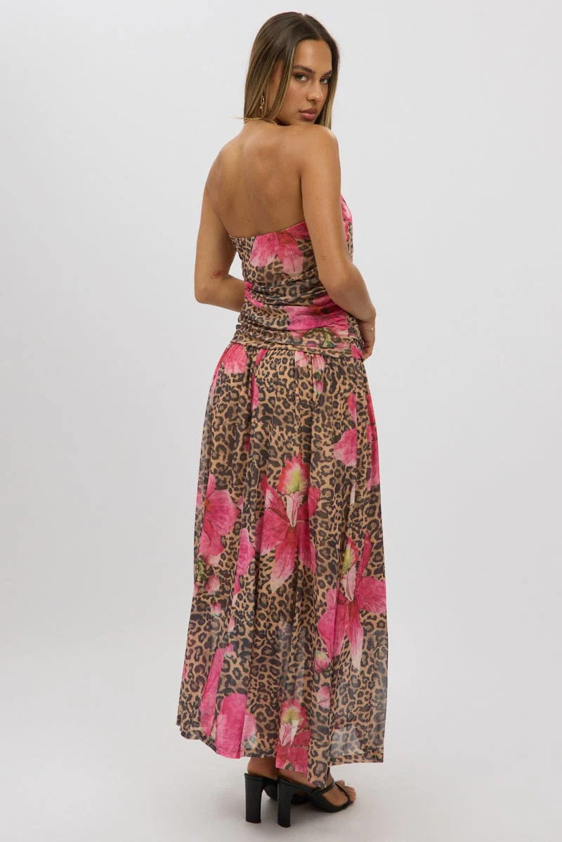 Multi Animal Print Maxi Dress Strapless Drop Waist Mesh - Image 5