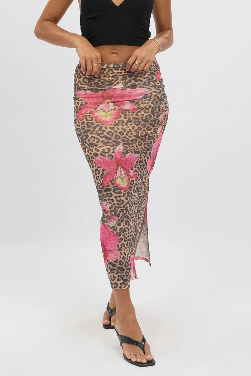 Multi Animal Print Midaxi Skirt High Rise Ruched Lined Mesh - Image 3
