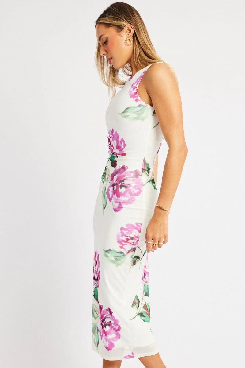 Multi Floral Bodycon Dress Sleeveless - Image 4