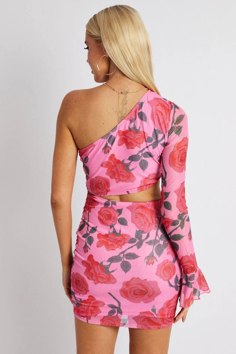 Multi Floral Dress One Shoulder Ruffle Sleeve Mini Dress - Image 5