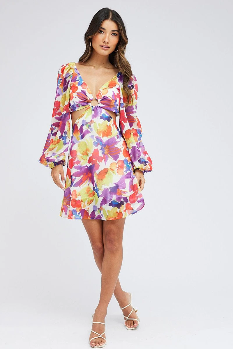 Multi Floral Dress Watercolour Print Ring Front Balloon Sleeve - Image 2