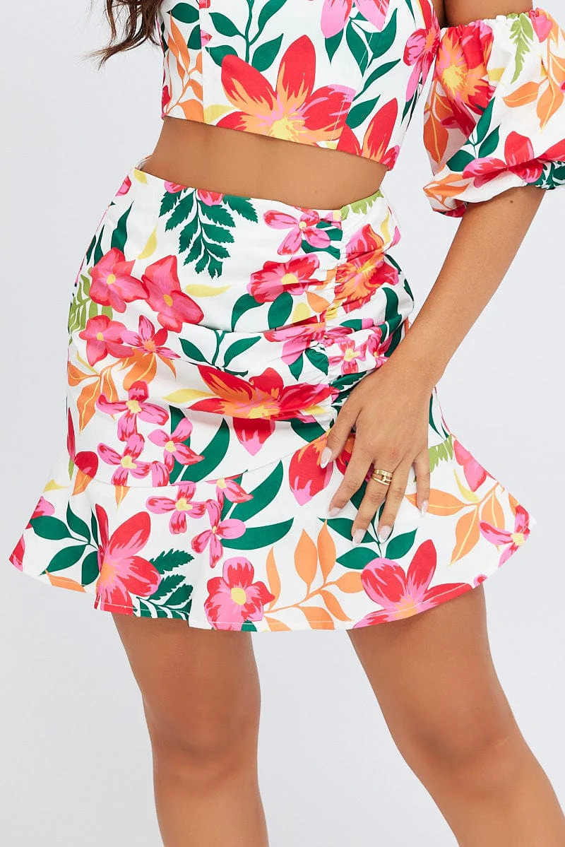 Multi Floral Gathered Skirt Mini Length Ruffle Detail - Image 2