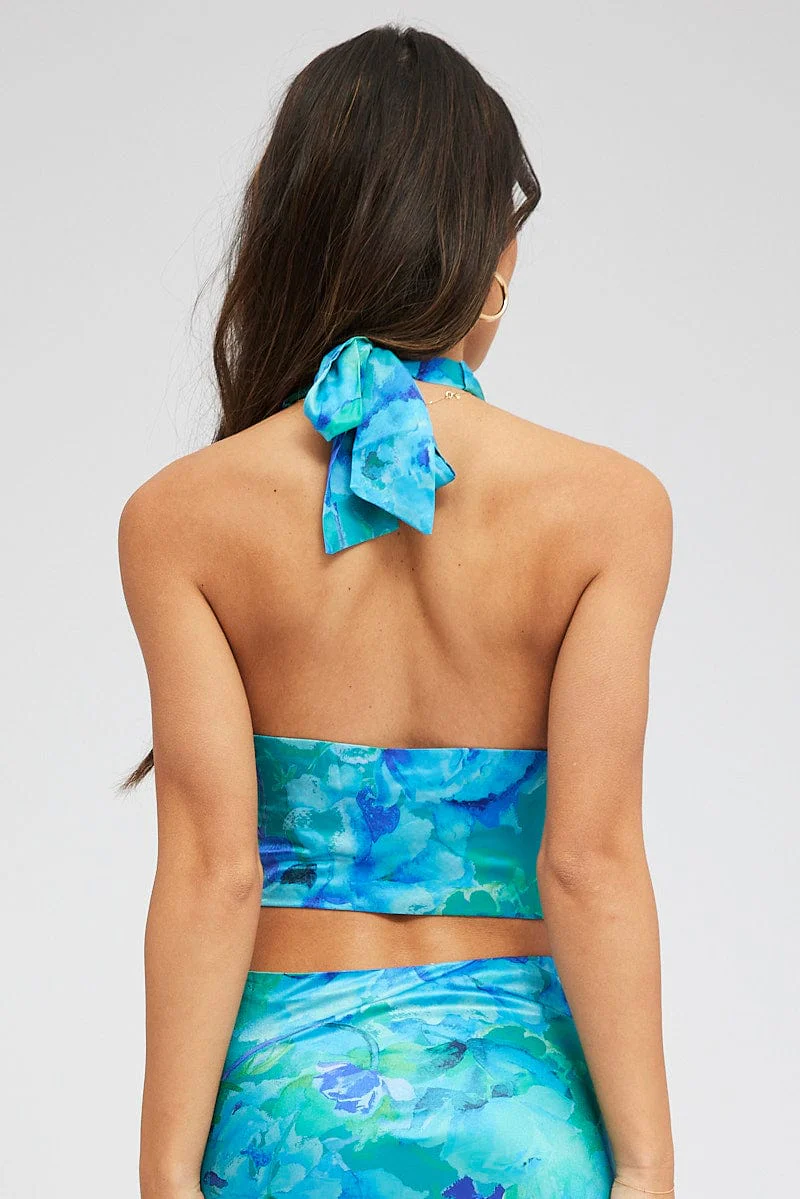 Multi Floral Halter Crop Top Rosette Flower Detail Keyhole - Image 5