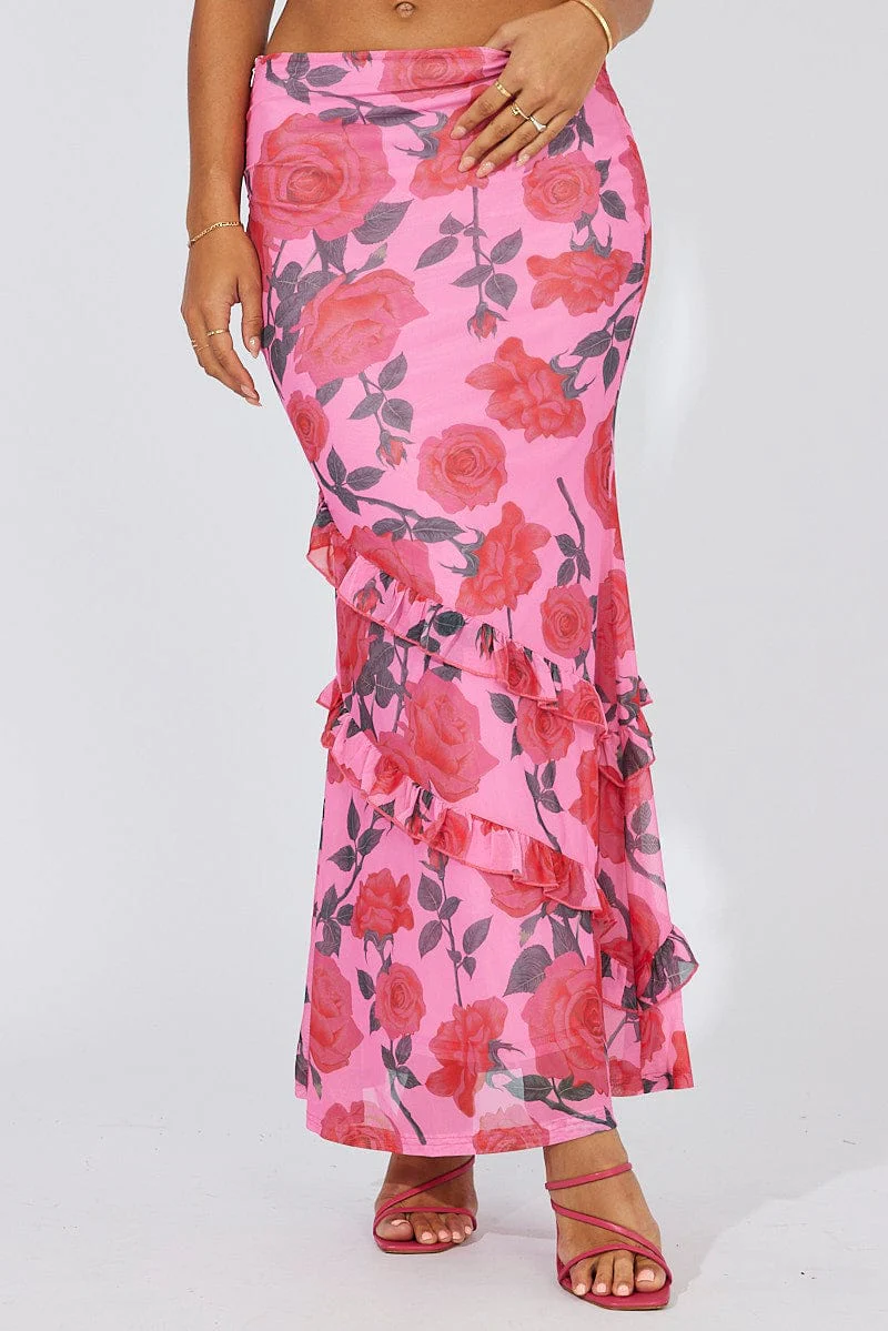 Multi Floral Maxi Skirt Mesh Asymmetric Ruffle - Image 3