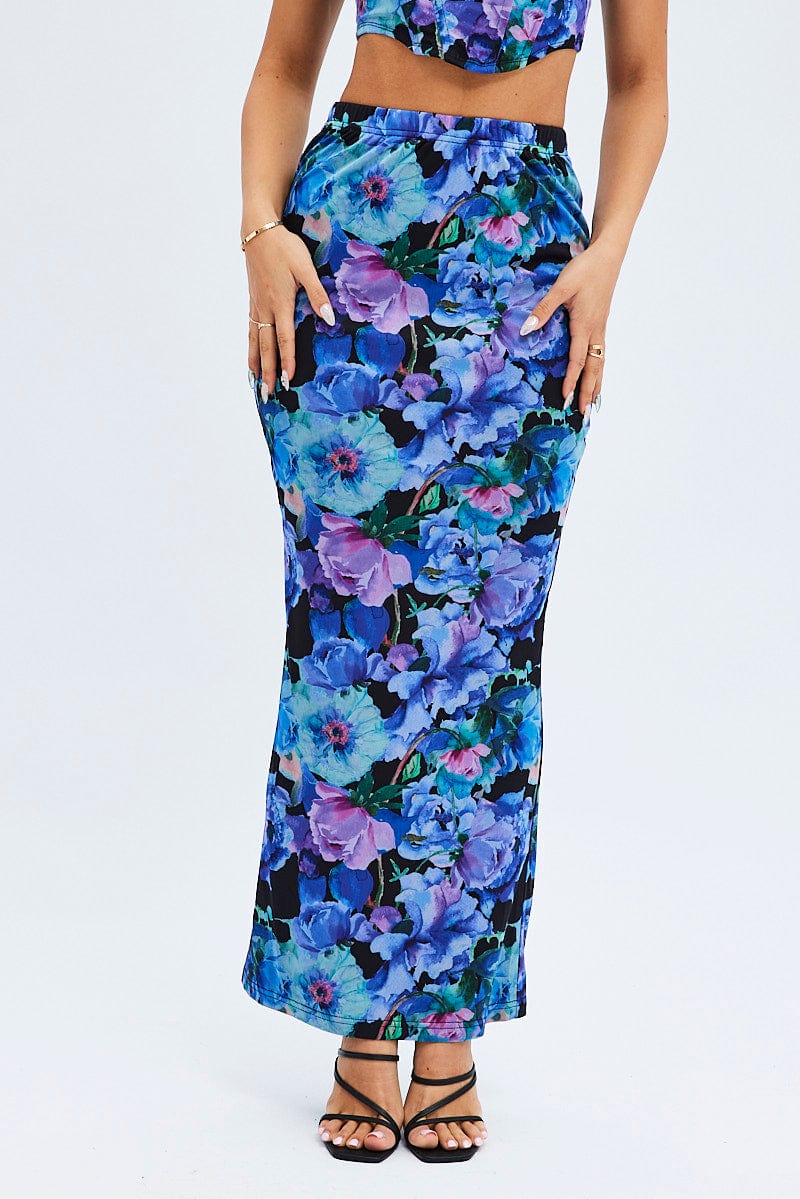 Multi Floral Mesh Maxi Bodycon Tube Skirt - Image 2