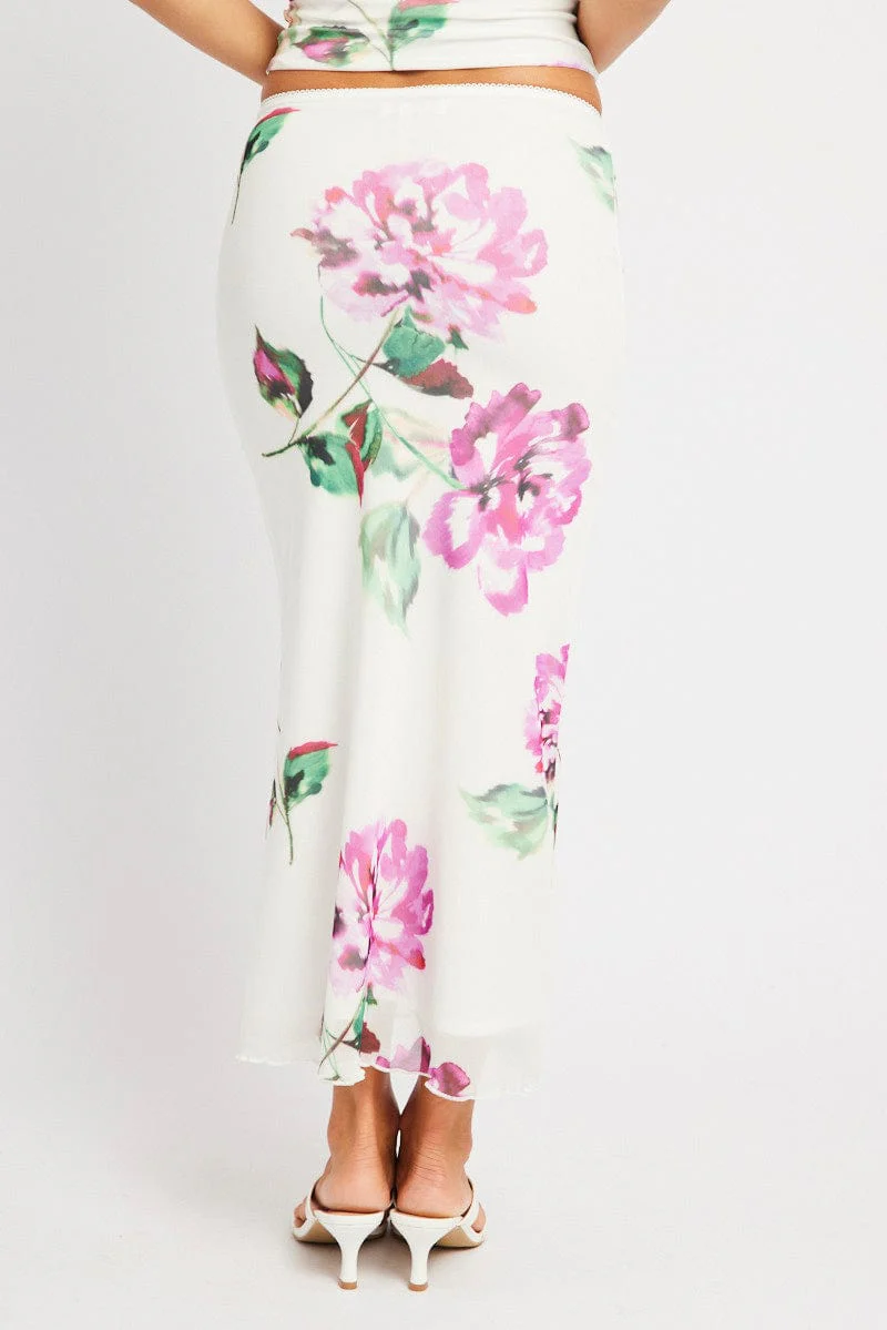 Multi Floral Mesh Skirt Elasticated Picot Trim Midaxi - Image 5