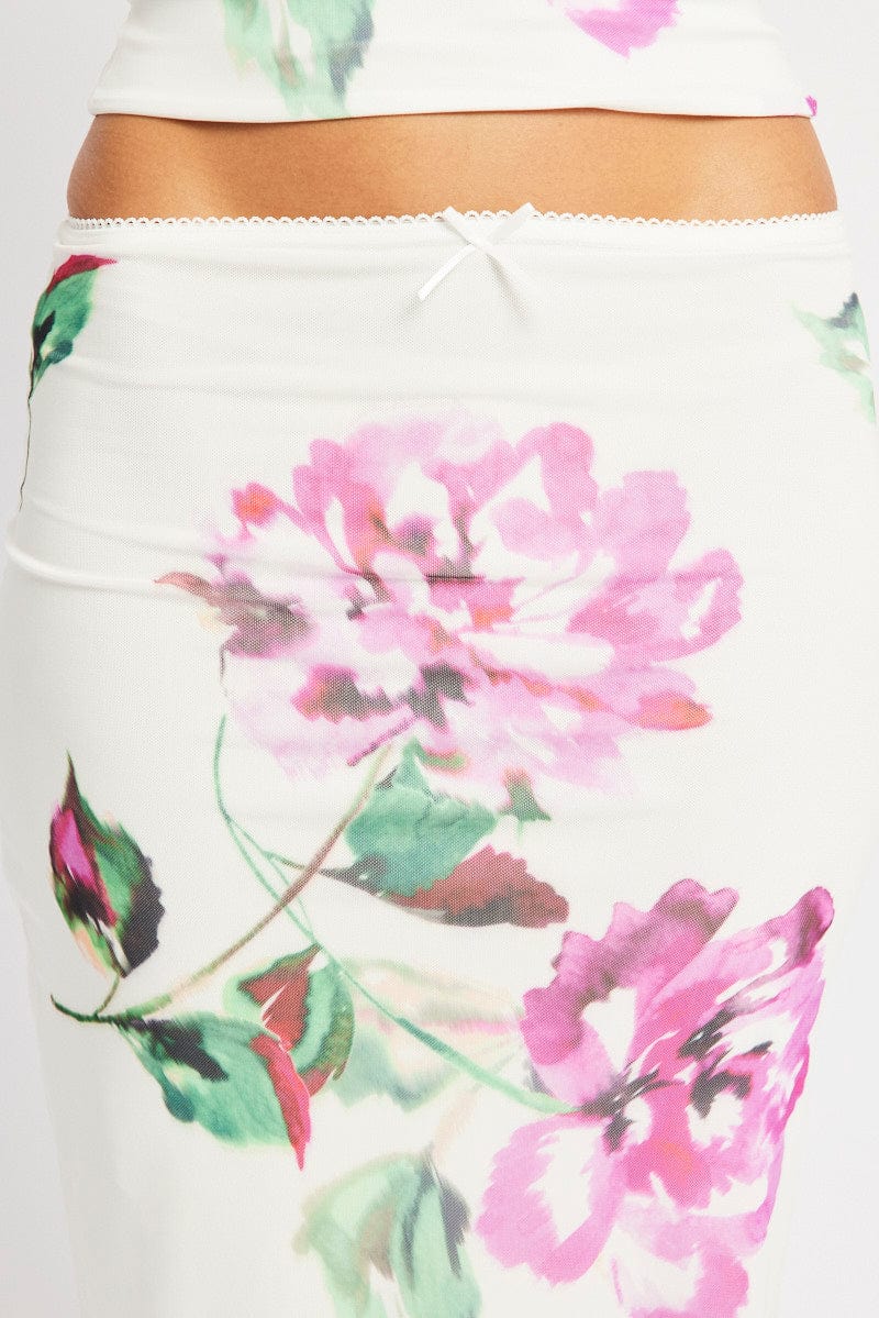 Multi Floral Mesh Skirt Elasticated Picot Trim Midaxi - Image 6