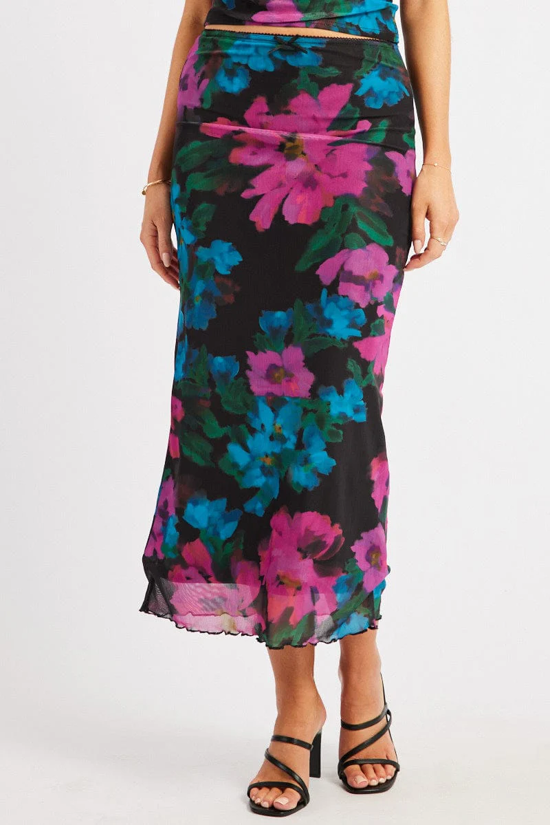 Multi Floral Mesh Skirt Elasticated Picot Trim Midaxi - Image 3