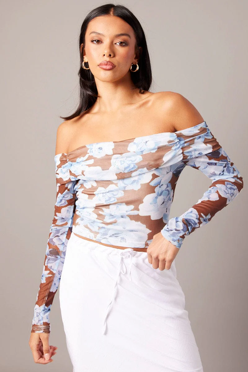 Multi Floral Off Shoulder Top Long Sleeve Mesh - Image 2