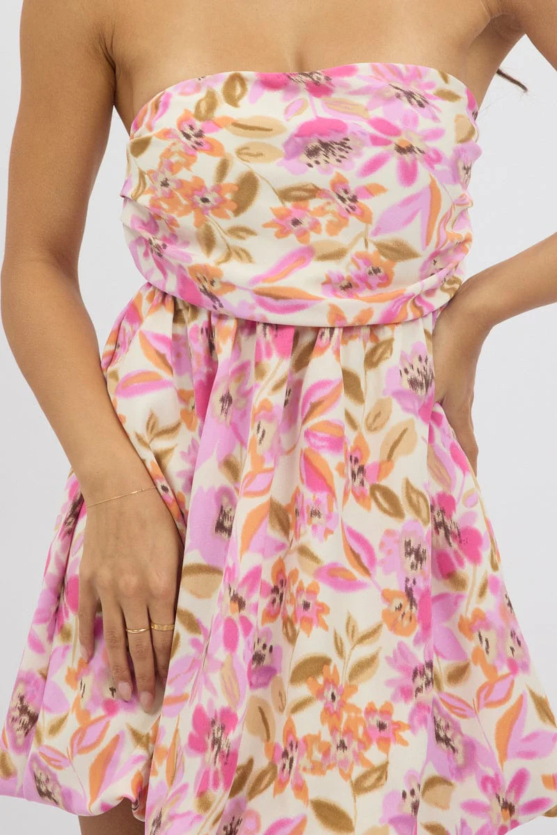 Multi Floral Strapless Dress Bubble Mini - Image 6