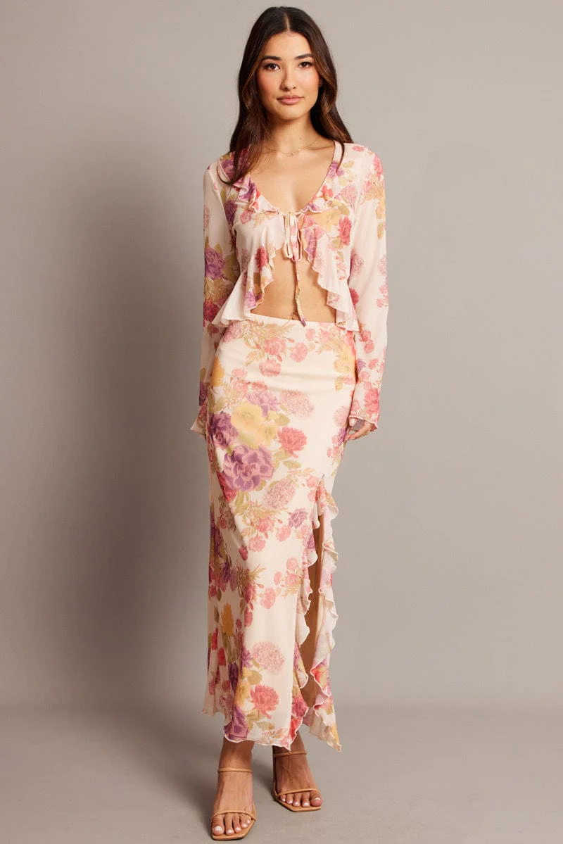Multi Floral Tie Front Frill Top Long Sleeve Mesh - Image 2