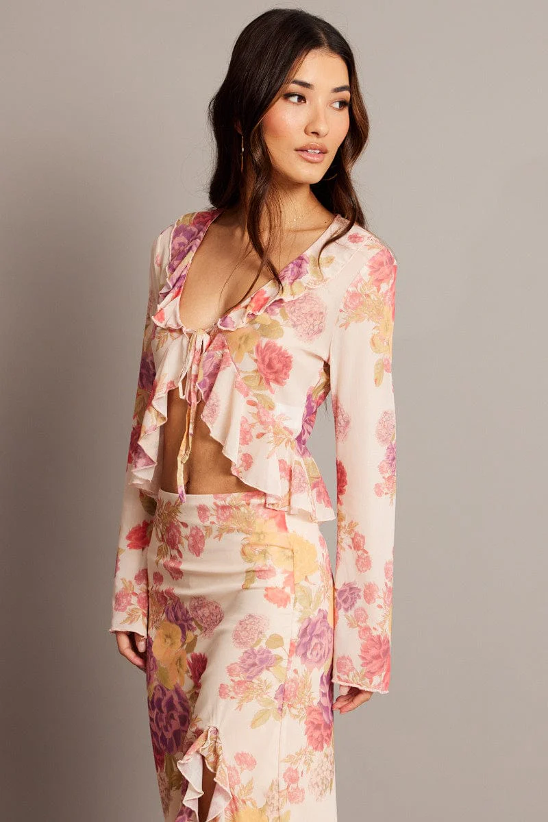 Multi Floral Tie Front Frill Top Long Sleeve Mesh - Image 4