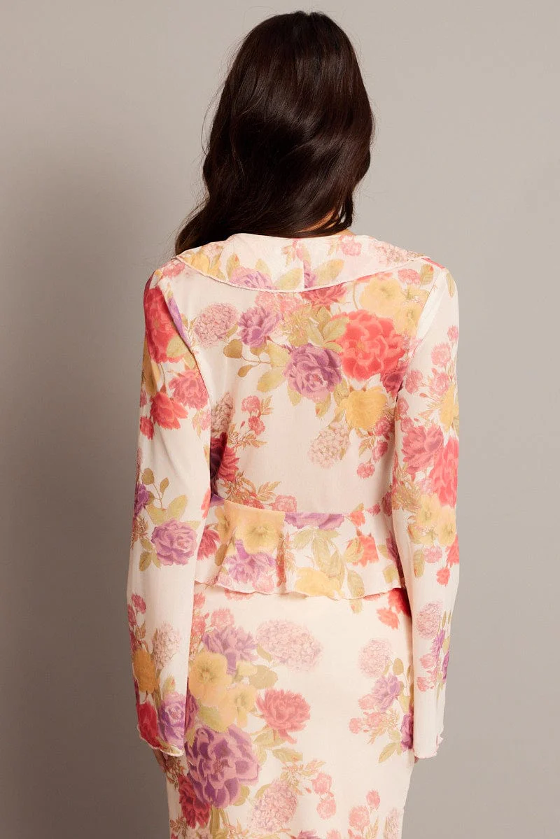 Multi Floral Tie Front Frill Top Long Sleeve Mesh - Image 5