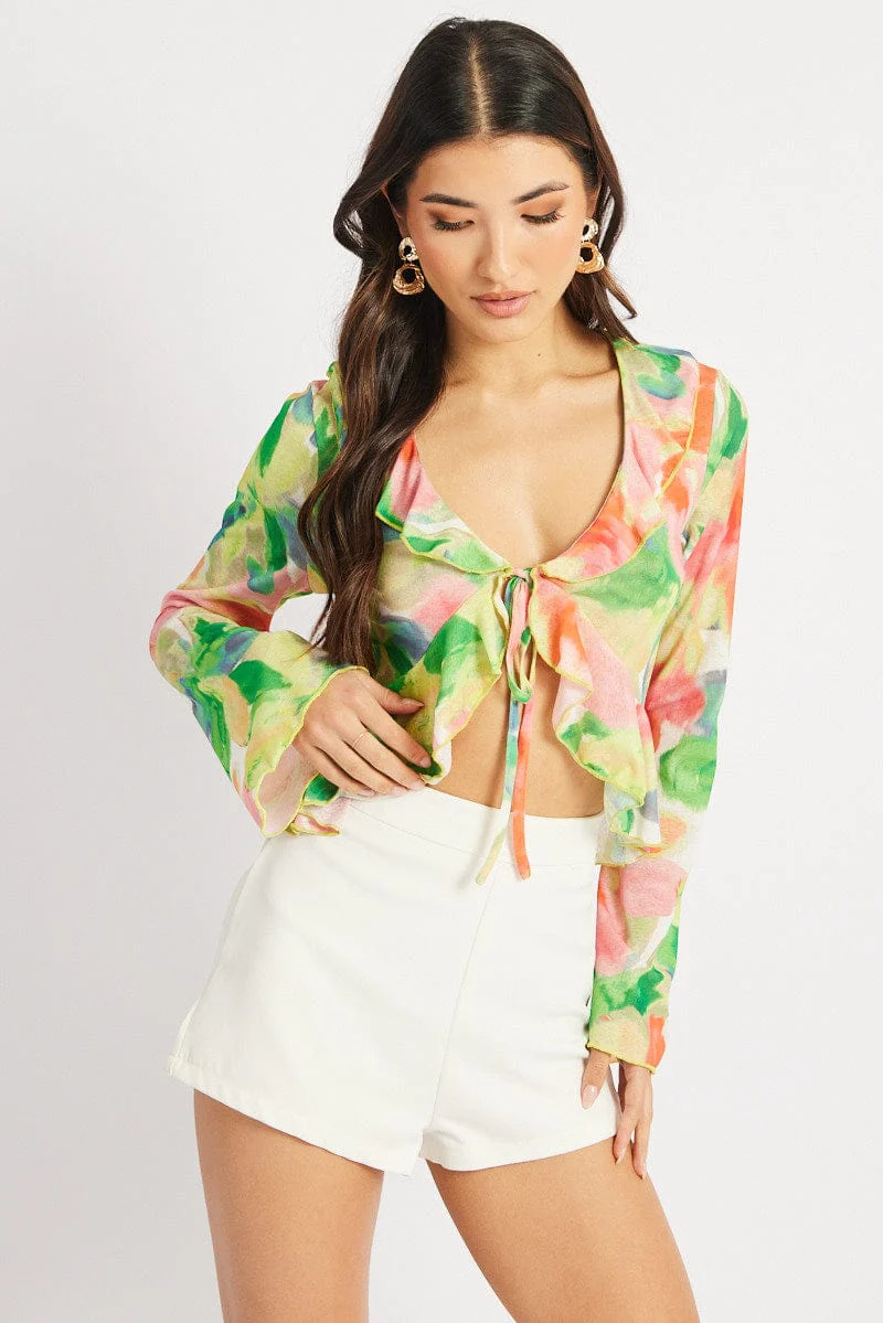 Multi Floral Tie Front Frill Top Long Sleeve - Image 3