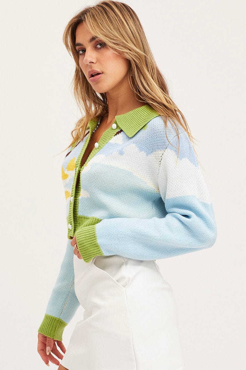 Multi Knit Cardigan Long Sleeve Collared - Image 4