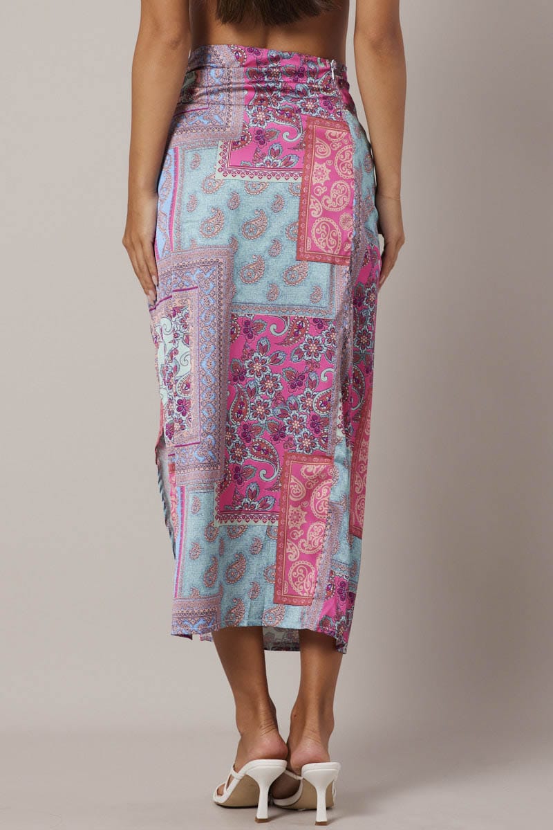 Multi Paisley Scarf Maxi Skirt Gathered Wrap Paisley Satin Skirt - Image 5
