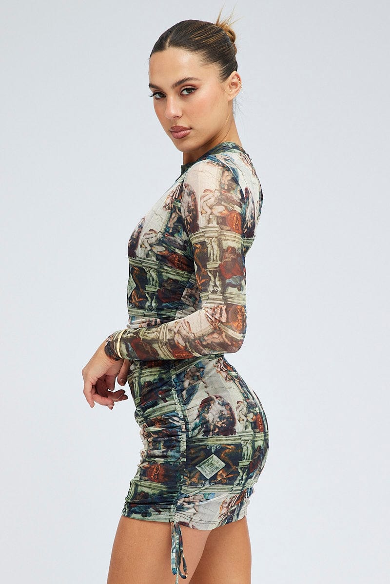 Multi Print Bodycon Dress Ruched Side Long Sleeve Mini - Image 4